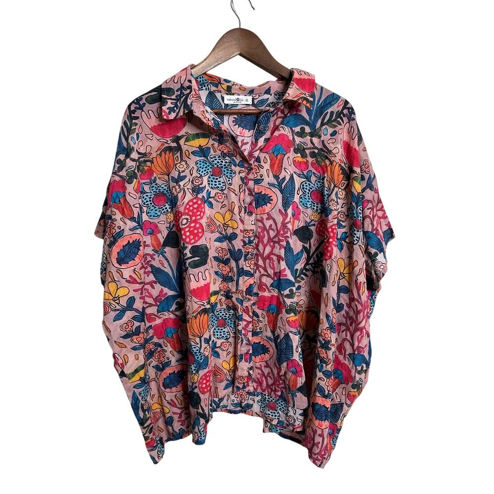 Natural Life Kelly Oversized Cotton Button-Down Shirt One Size Floral Botanical
